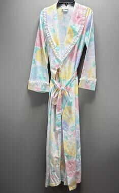 Vintage 80s Appel floral print Full length Lace Trim Robe Small Union Made USA